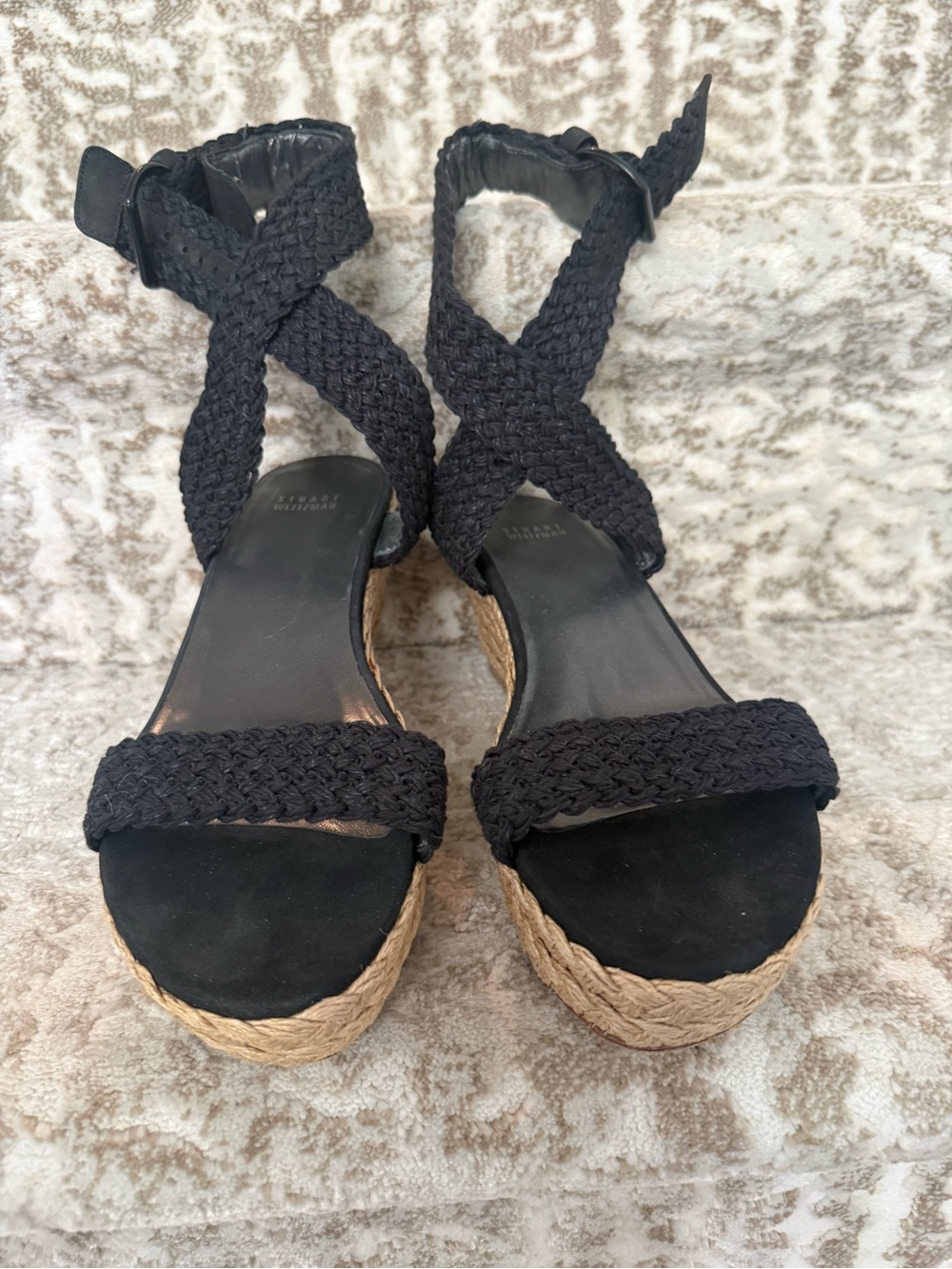 Stuart Weitzman Black Braided Espadrille Wedge Sandals